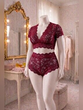 Avidlove Floral Lace Scallop Trim Lingerie Set – Size 14W BURGUNDY